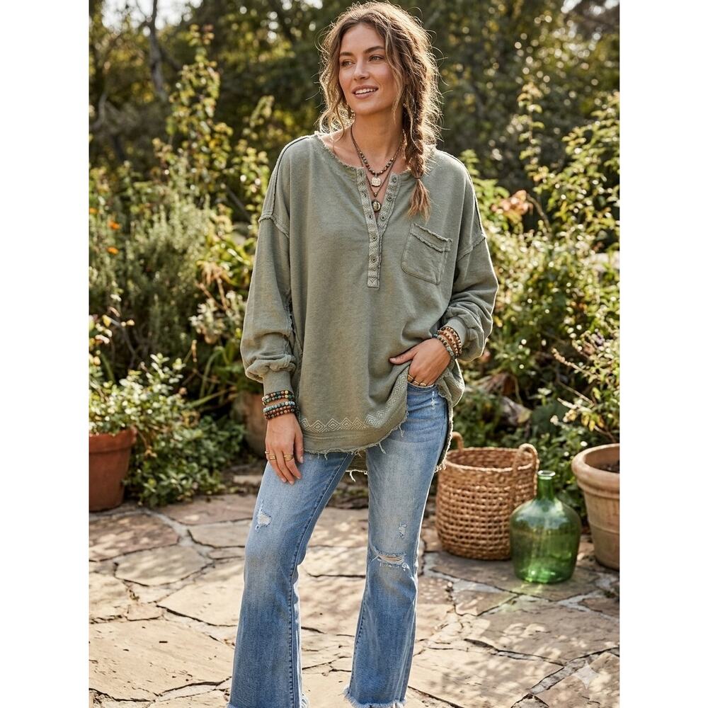 Caite‎ Anthropologie Nicola Henley Tunic Top Oversized Embroidered Green Boho S